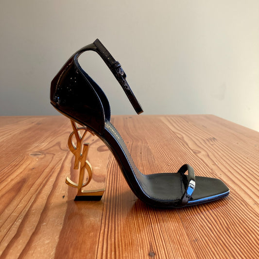 Saint Laurent $1550 Black Patent Leather Opyum Logo Heels - 36.5 / 6.5 - 0724ZS