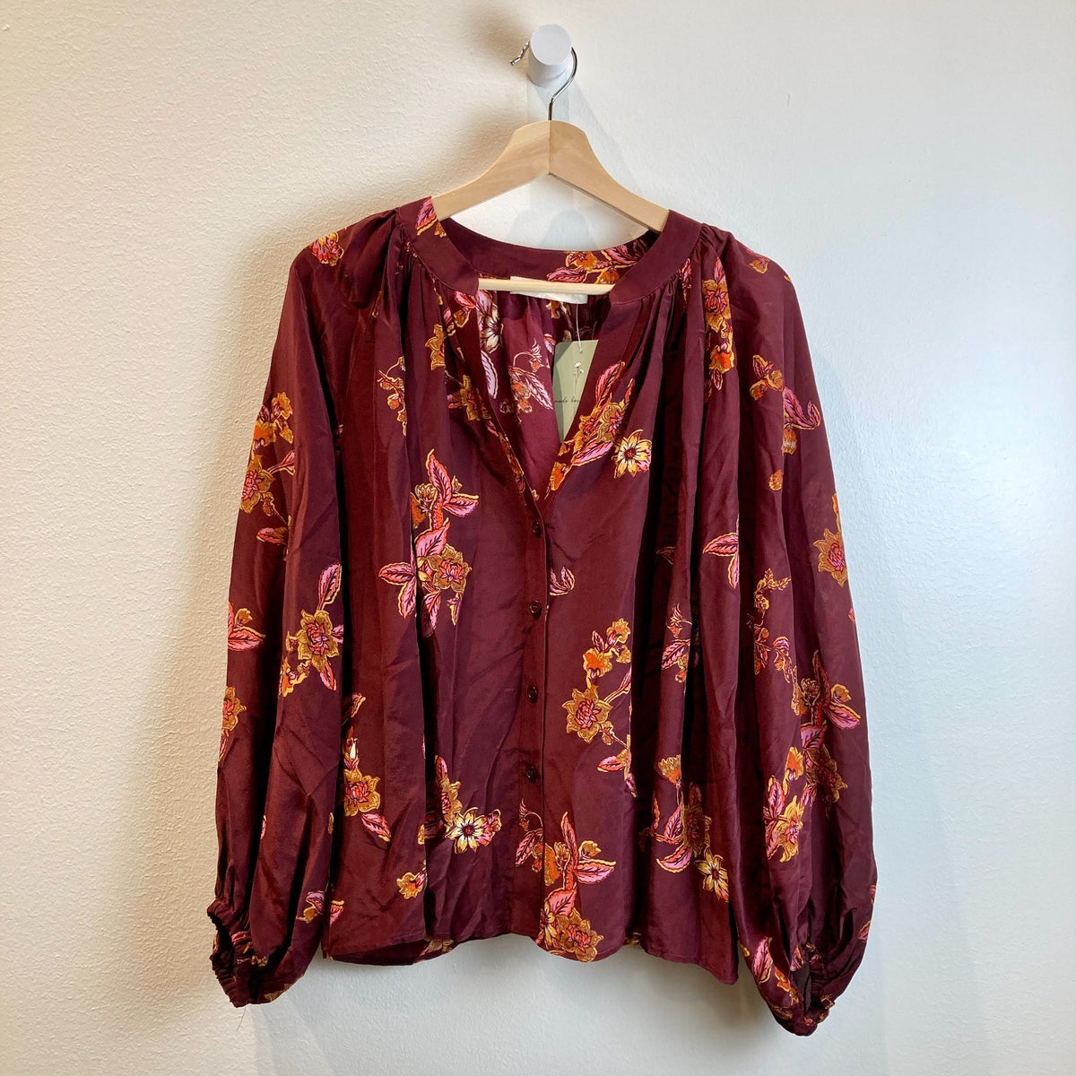 Vanessa Bruno Burgundy Floral Silk Button Up Poof Sleeve Top - Size S - 0927EK