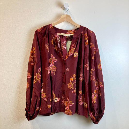 Vanessa Bruno Burgundy Floral Silk Button Up Poof Sleeve Top - Size S - 0927EK