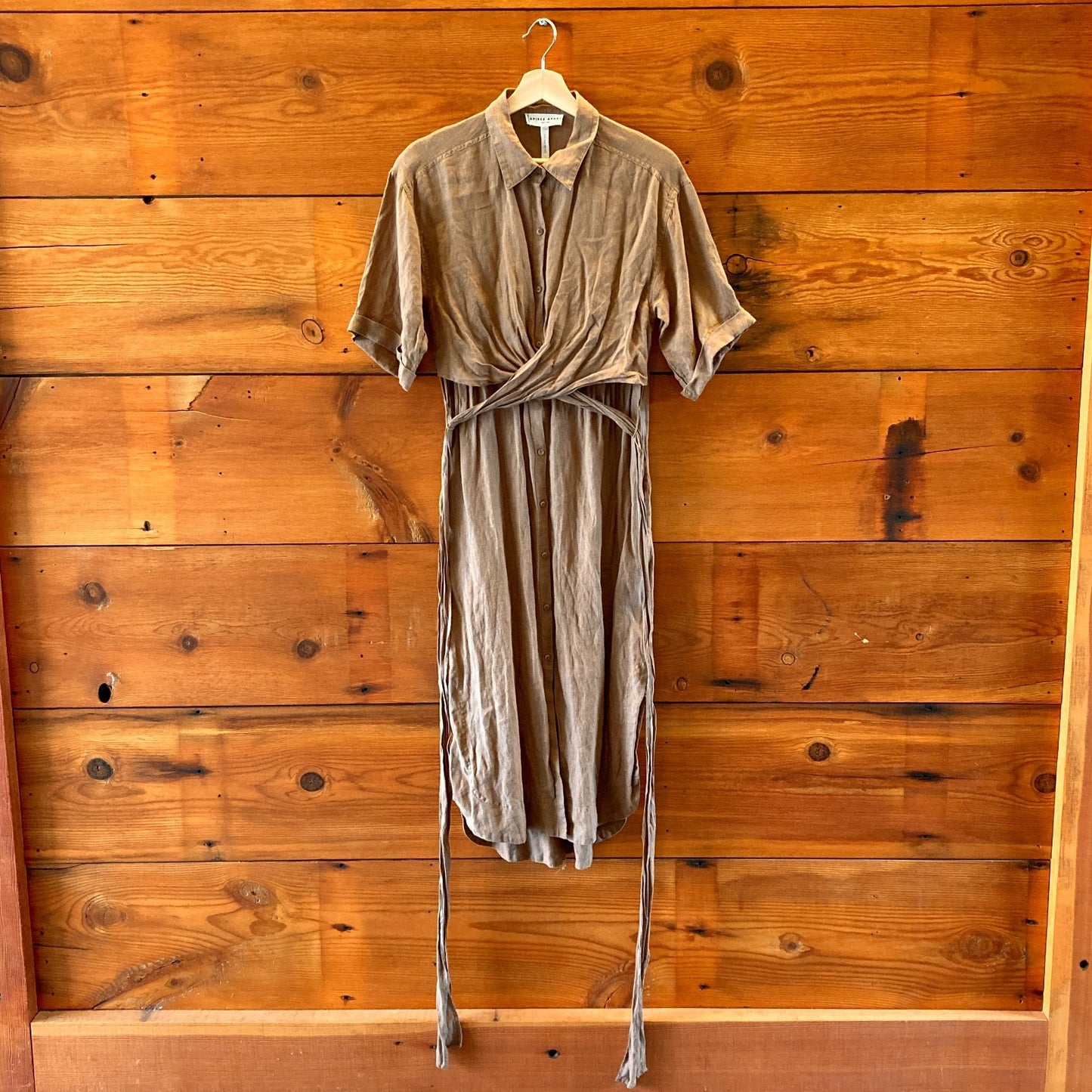 Apiece Apart Brown Linen Short Sleeve Tie Waist Button Dress - Size S - 1114LH