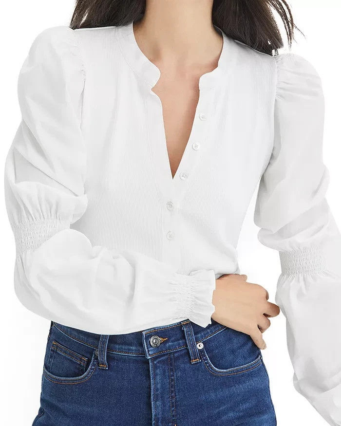 S - Veronica Beard White Ribbed Puff Sleeve Button Neck Effy Shirt 1120PK