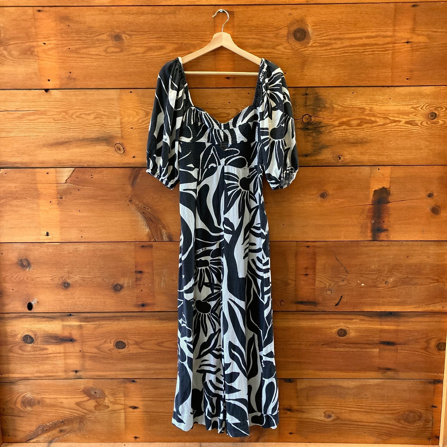 M - Farm Rio Black White Tropical Print Wide Leg Puff Sleeve Jumpsuit 1203TR