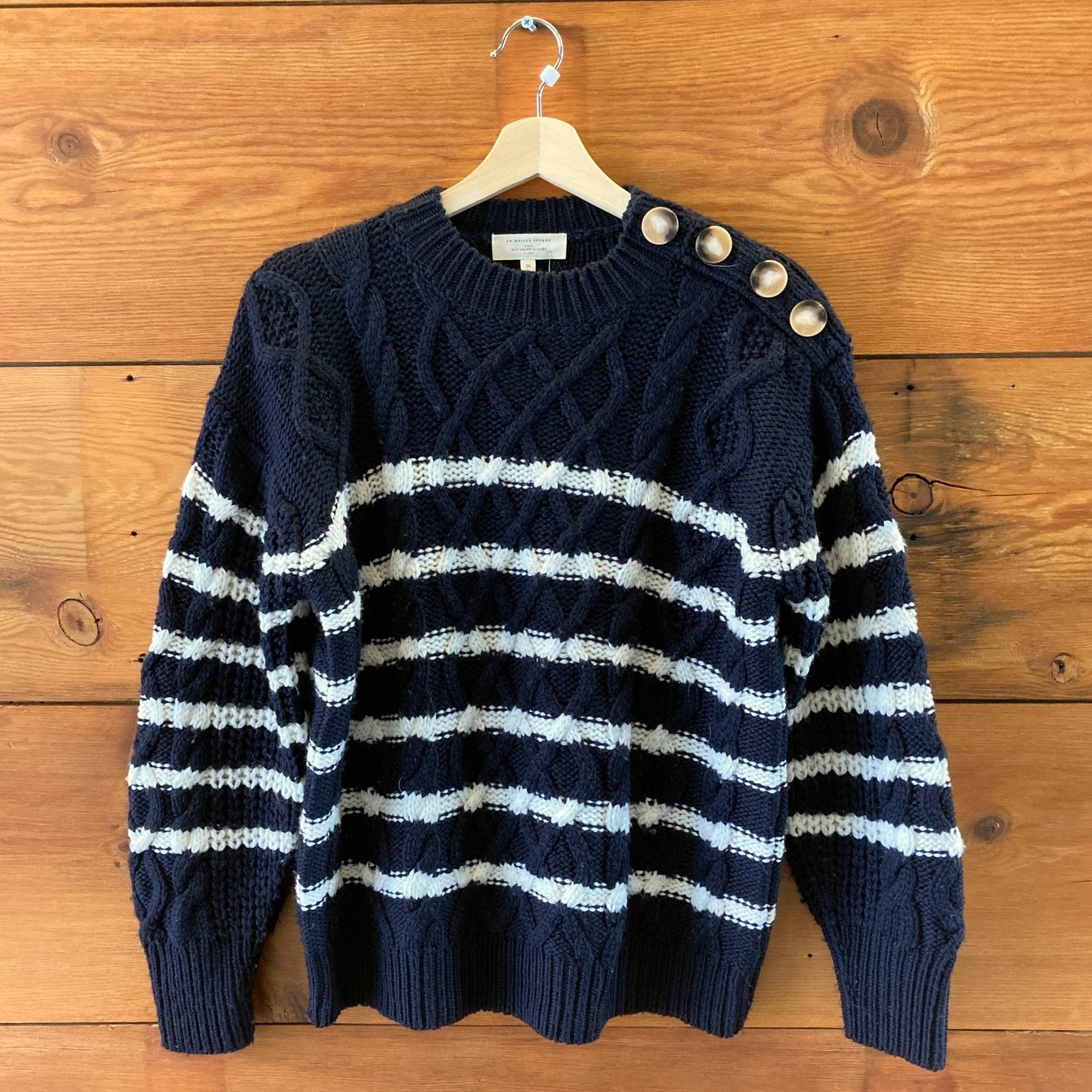 Sezane Navy White Stripe Cable Knit James Cotton Blend Sweater - Size M - 0813RM
