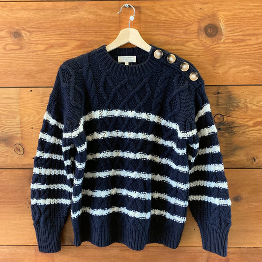 Sezane Navy White Stripe Cable Knit James Cotton Blend Sweater - Size M - 0813RM