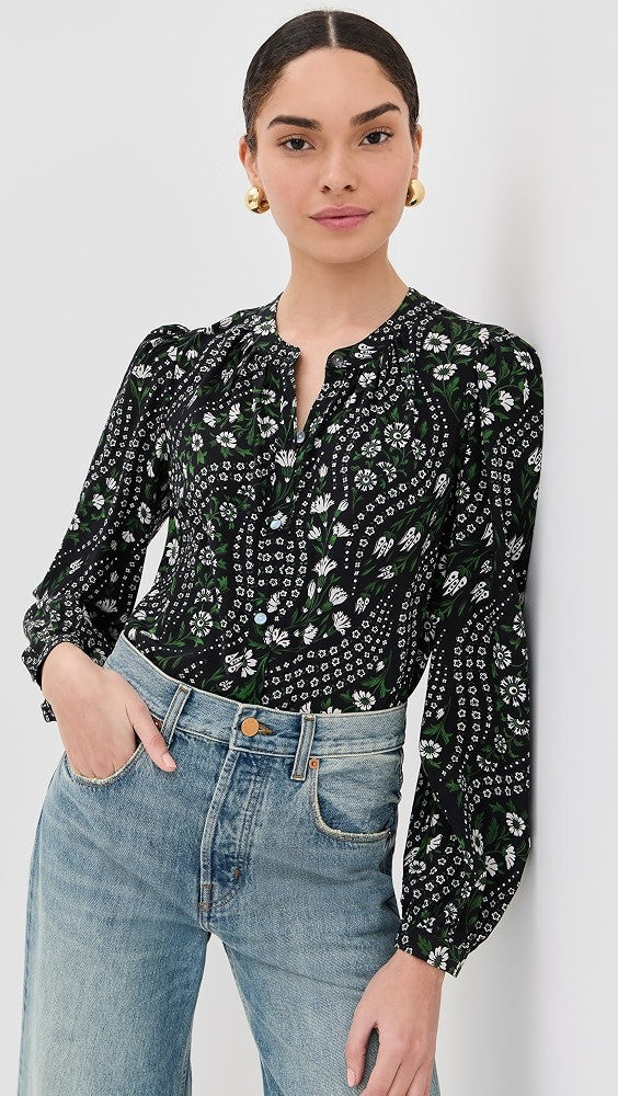 Veronica Beard Black Ashlynn Floral Printed Silk Top - Size 10 - 0930AC