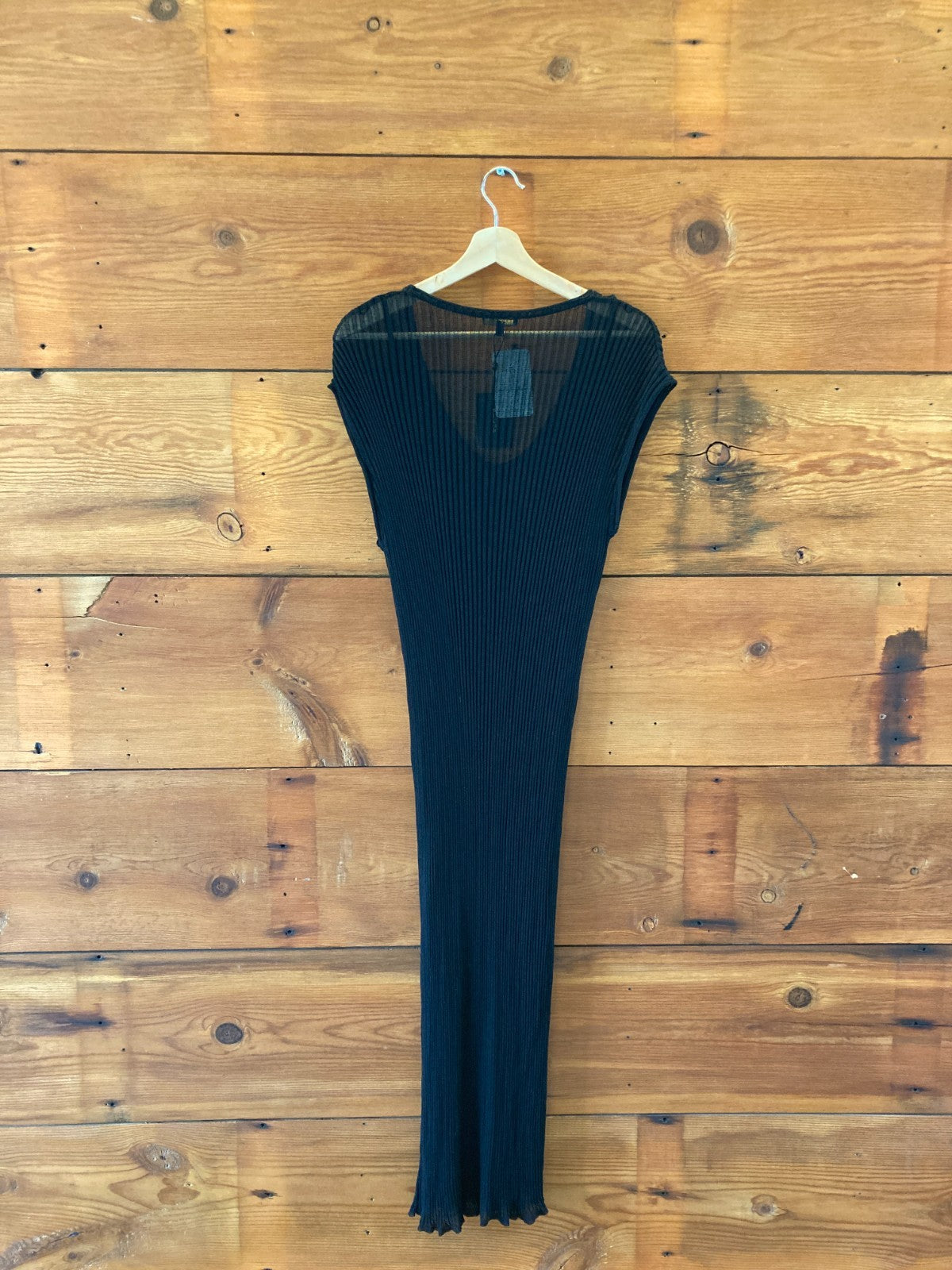 Massimo Dutti Black NEW Ribbed Knit Short Sleeve Dress w/ Slip - Size L - 0313AH