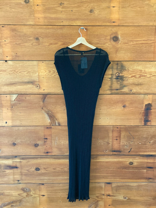 Massimo Dutti Black NEW Ribbed Knit Short Sleeve Dress w/ Slip - Size L - 0313AH