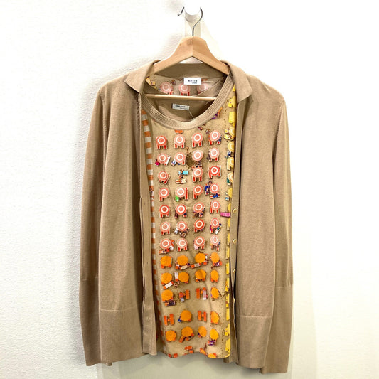 Akris Punto Tan Riviera Print Top & Cardigan Sweater Set - Size 6 - 0608BM