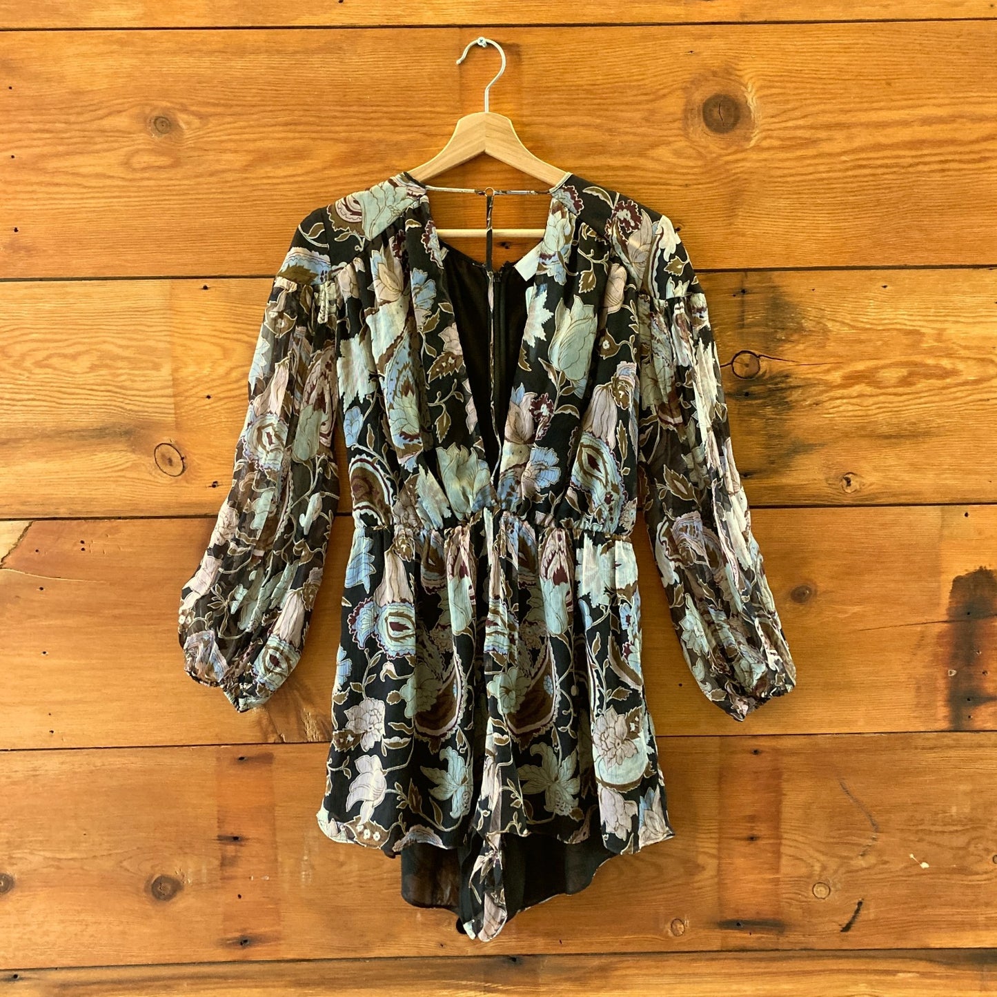 Zimmermann Black Floral Henna T-Bar Silk Playsuit Romper - Size 2 - 0809LD