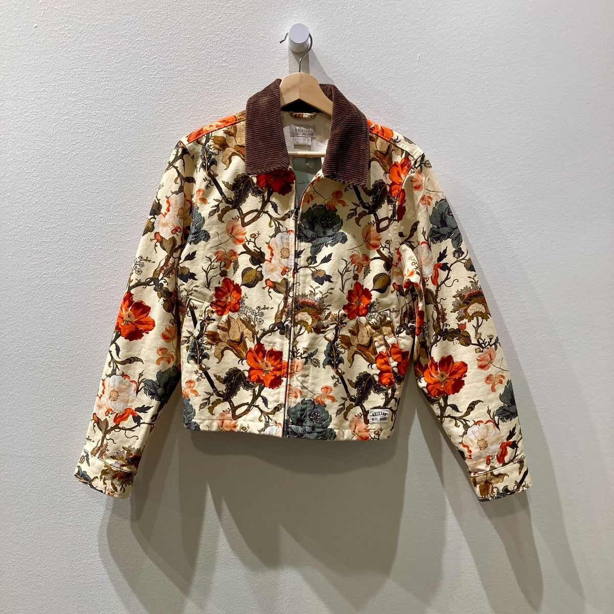 Brixton Tan Floral Corduroy Collar Zip Up Mechanics Jacket - Size S - 0607CC