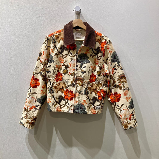 Brixton Tan Floral Corduroy Collar Zip Up Mechanics Jacket - Size S - 0607CC