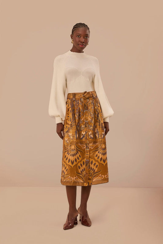 Farm Rio Gold NEW $278 Heart Forest Belted Midi Skirt - Size S - 1110JS