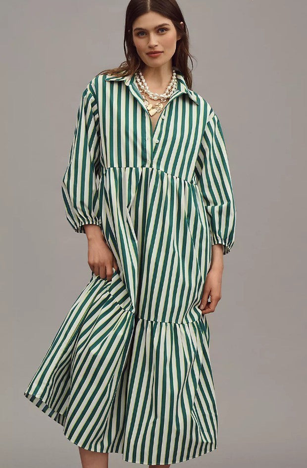 Maeve Anthropologie Green Striped Bettina Midi Length Dress - SIze L - 0206BS