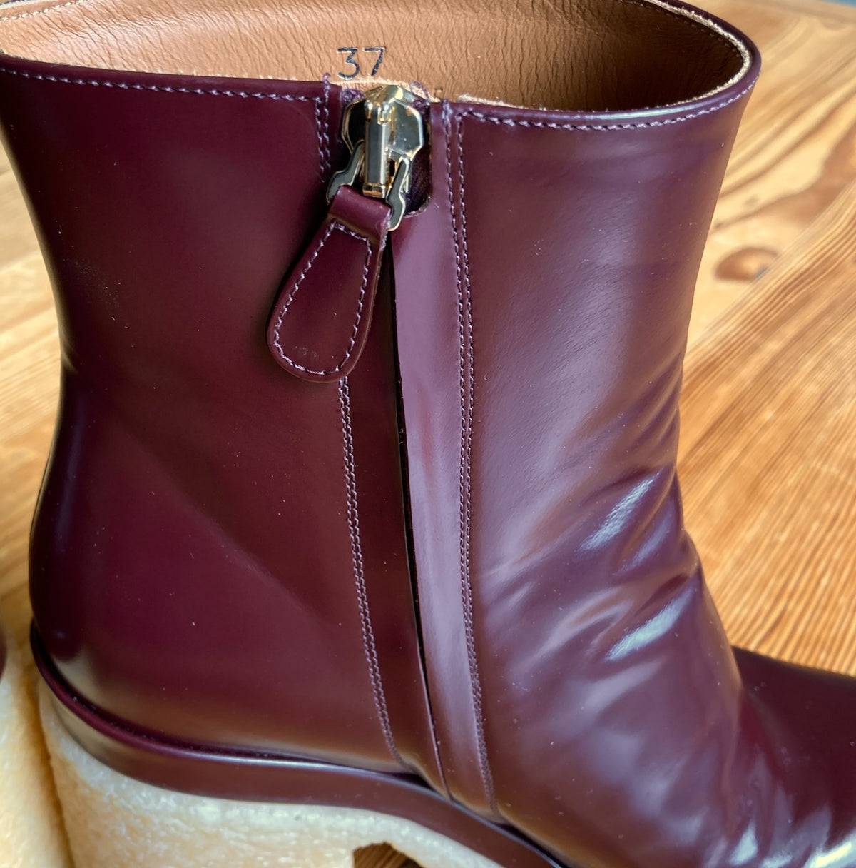 Chloe Burgundy Glossy Leather Platform Gum Sol Kurtys Boots - Sz 37 / 7 - 0927EK