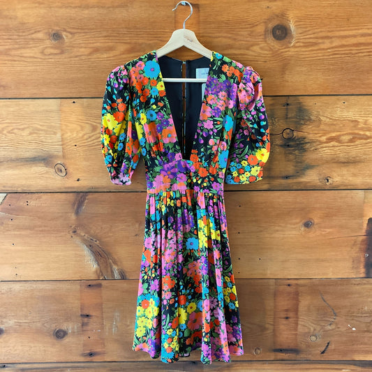 Les Reveries Bright Floral Print Short Sleeve Open Back Dress - Size 0 - 1214CM