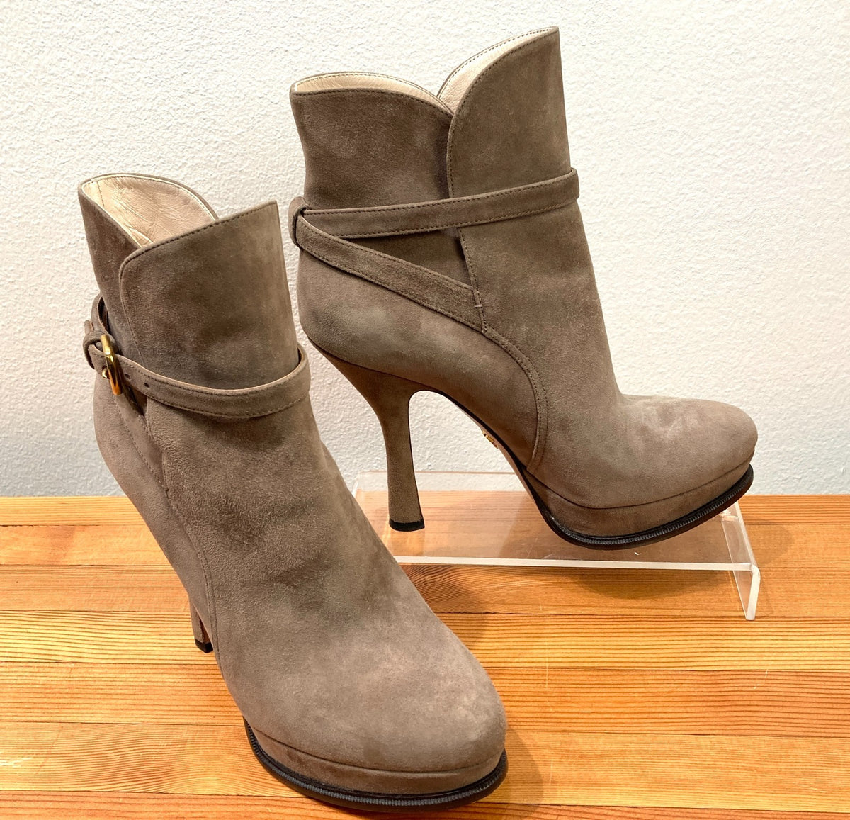 Prada Taupe Brown Suede Stiletto Heel Platform Ankle Boots - Sz 37 / 7 - 1017SC