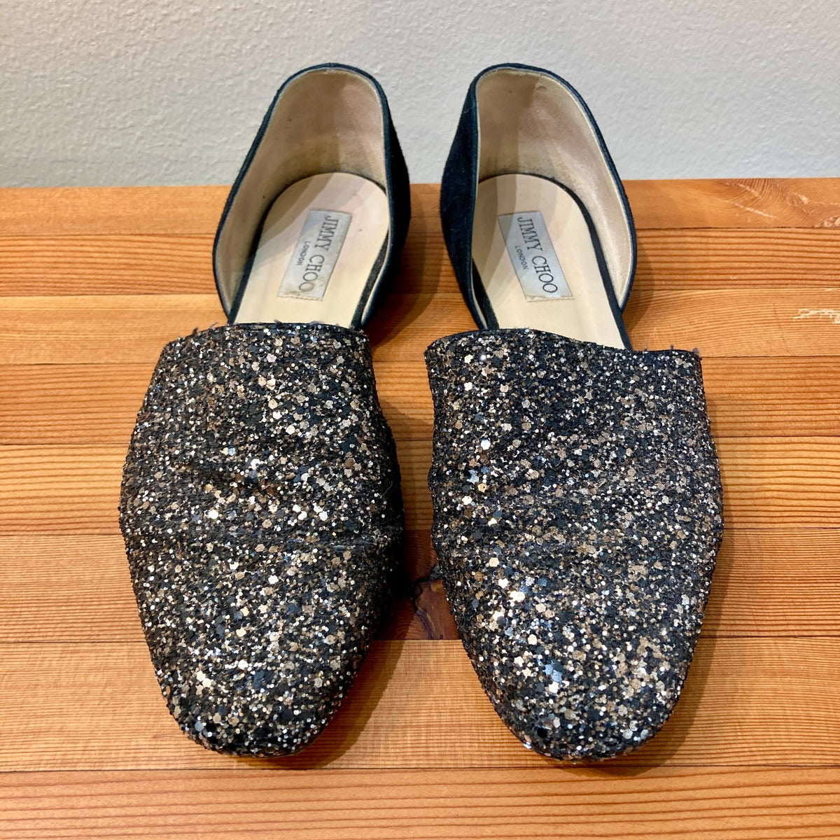 Jimmy Choo Black Coarse Glitter Globe D'Orsay Suede Flats - 37.5 / 7.5 - 0907LR