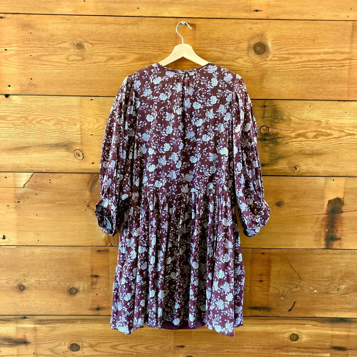 Madewell NEW Burgundy Floral Print Splitneck Puff-Sleeve Dress - Size L - 1203TR