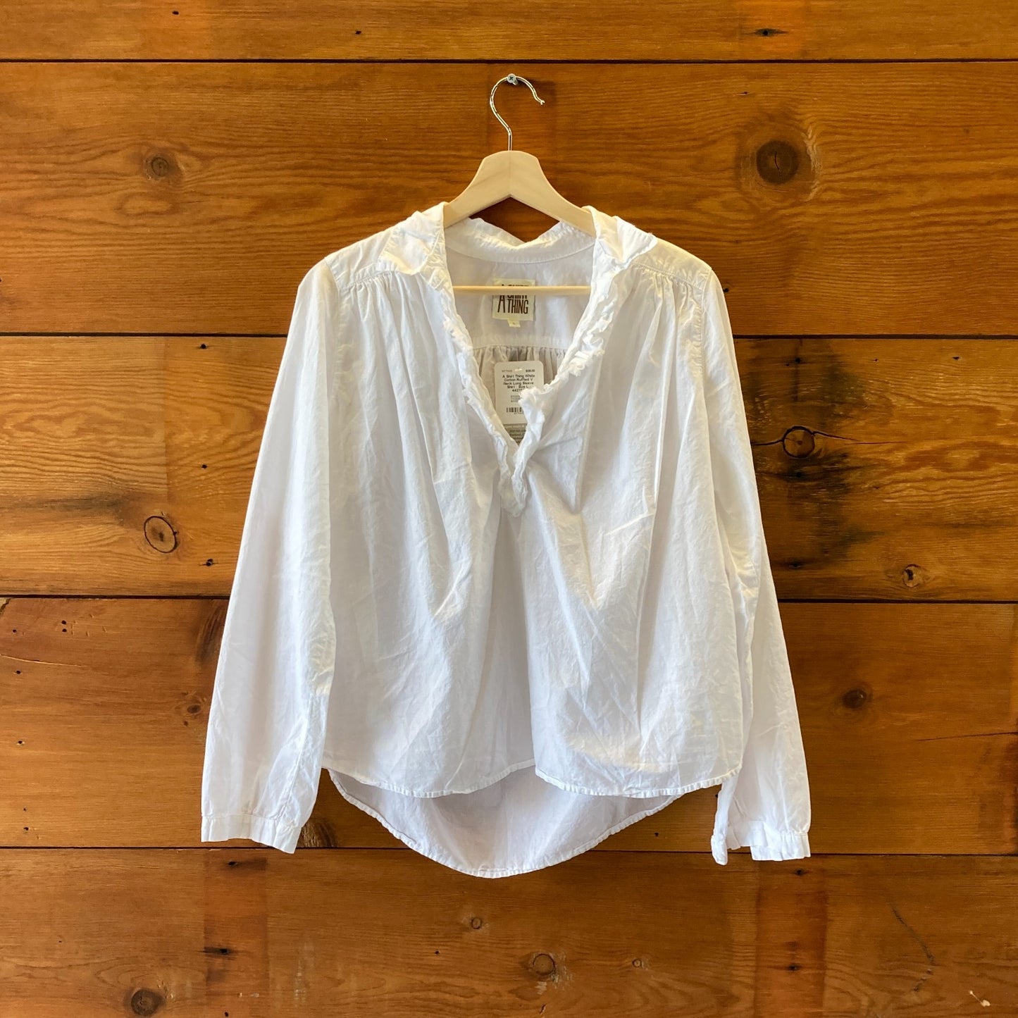 A Shirt Thing White Cotton Ruffled V Neck Loose Fit Shirt Top - Size M - 4427SC