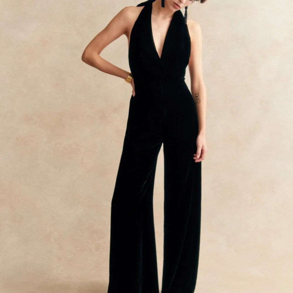 Sezane Black Velvet Shanice Wide Leg Halter Jumpsuit - Size 38 / M - 0208KS