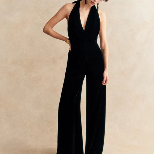 Sezane Black Velvet Shanice Wide Leg Halter Jumpsuit - Size 38 / M - 0208KS