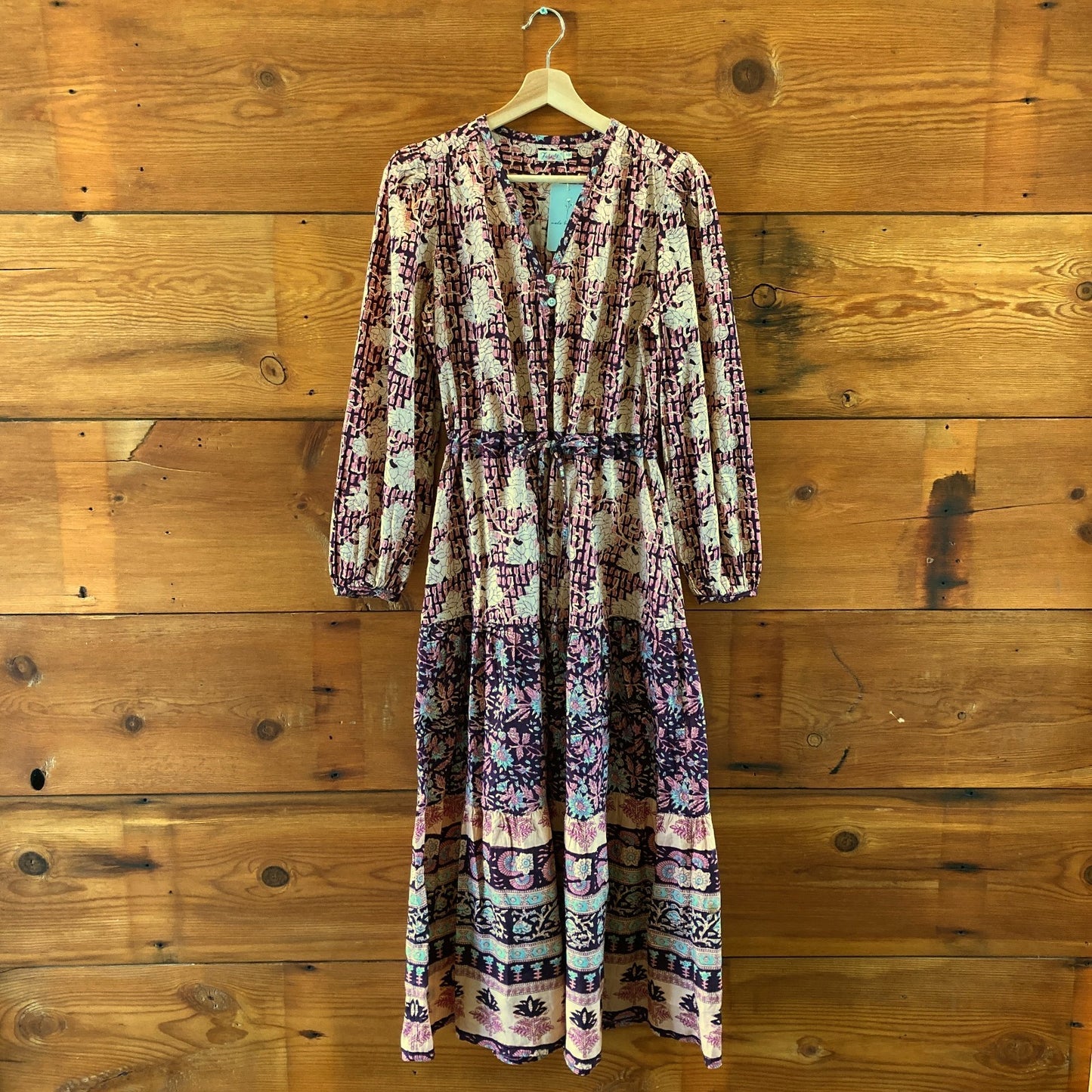 Faherty Pink Idina Block Print Long Sleeve Tie Waist Maxi Dress - Sz S - 0830KJ
