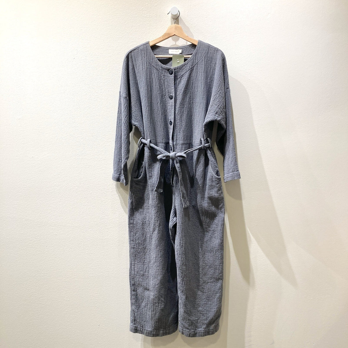 Nico Nico Blue Long Sleeve Textured Cotton belted Jumpsuit - Size L - 0715ES