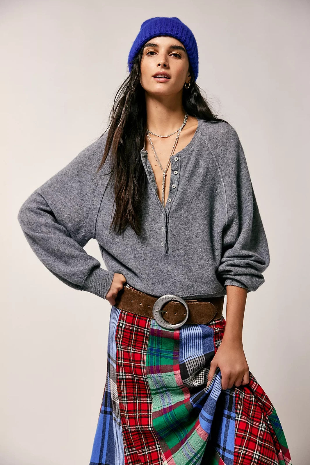 M - Free People Gray Henley Neck 100% Cashmere Relaxed Fit Sweater 0206BS