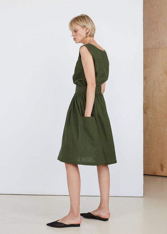 XS - Sand Snow Green 100% Linen Elastic Waist Lagenlook Skirt 0818LS