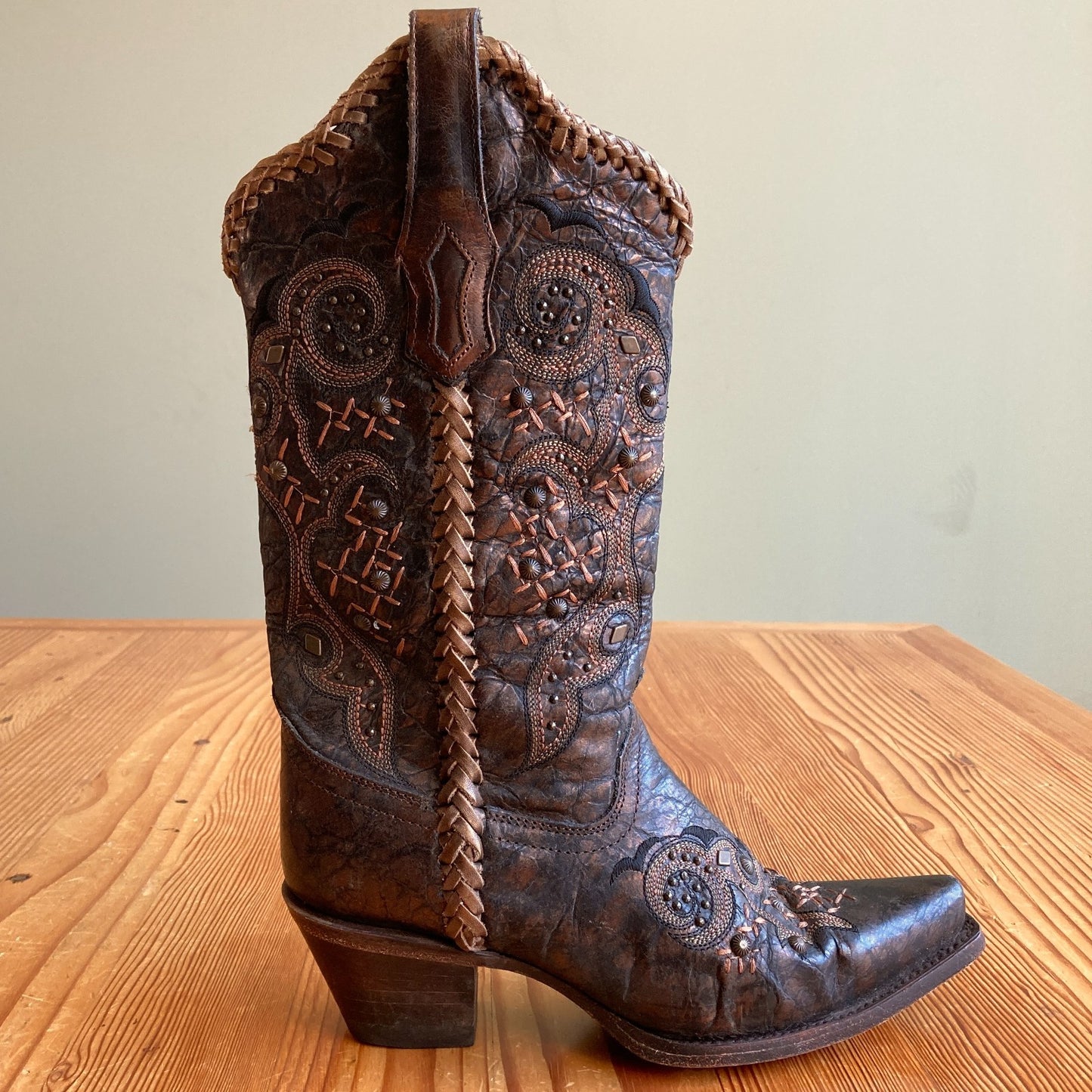 Corral Brown Leather Embroidered Braided Seam Western Boots - Size 7 - 0811GR