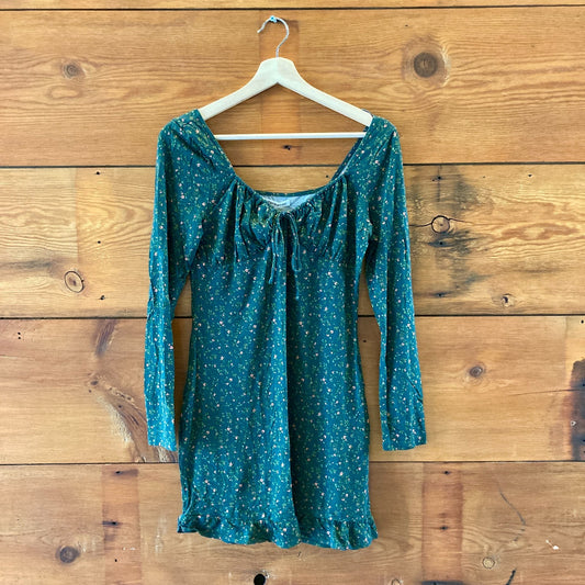 Reformation Dark Green Floral Patterned Stretch Knit Dress - Size L - 1125EA