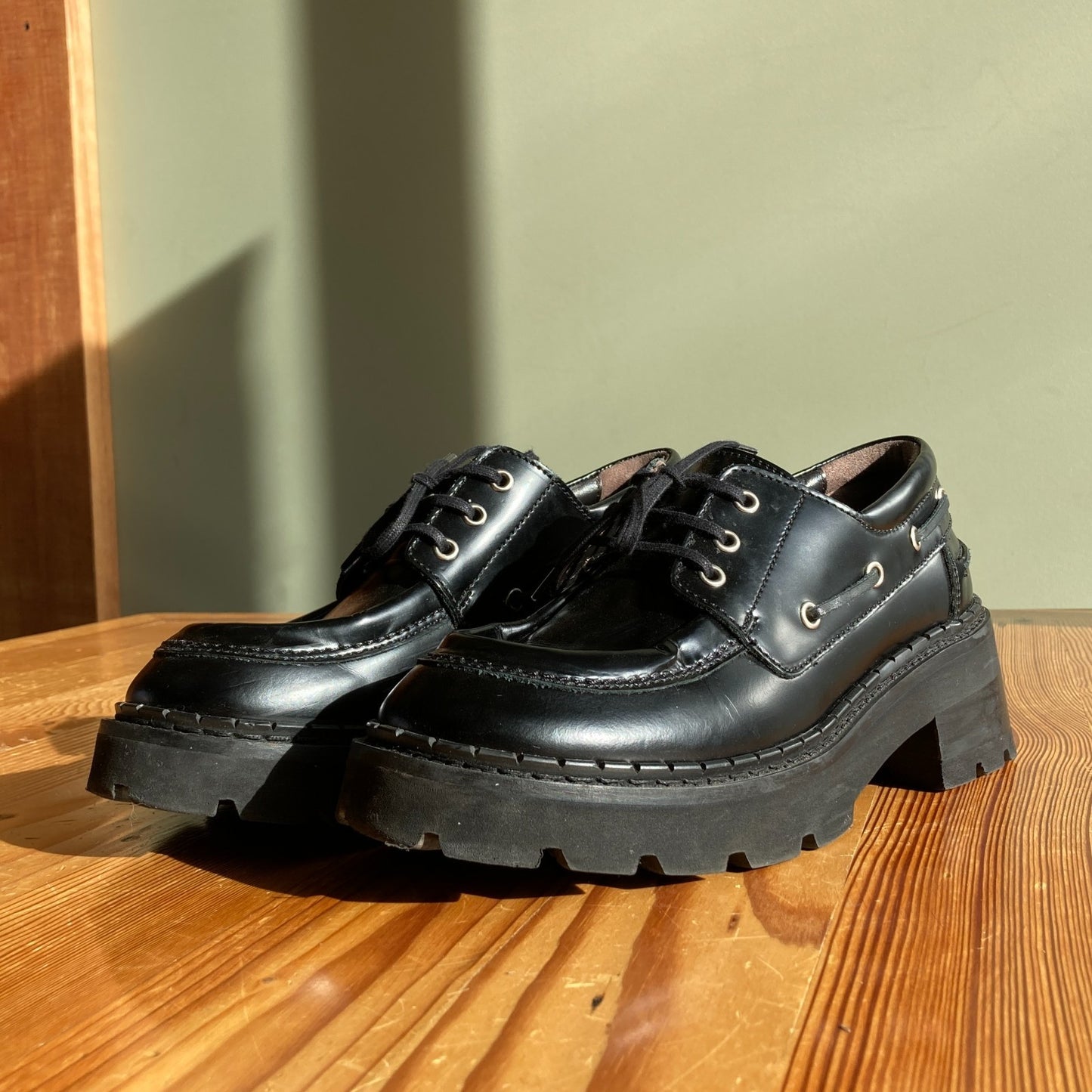 39 / 9 - By Far $285 Black Glossed Leather Stanley Platform Loafers Shoes 1030SF