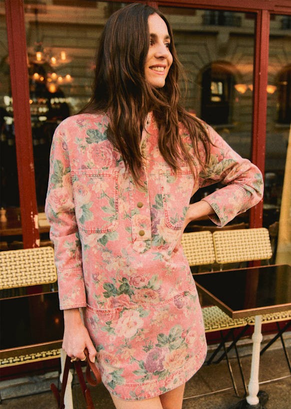Sezane Pink Floral Salome Oversized Denim Patch Pocket Dress - Size 42 - 0206BS