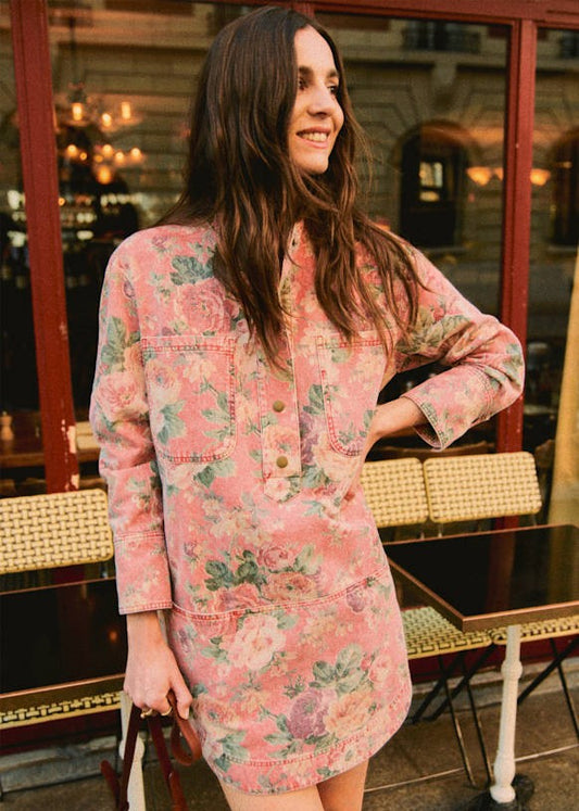 Sezane Pink Floral Salome Oversized Denim Patch Pocket Dress - Size 42 - 0206BS