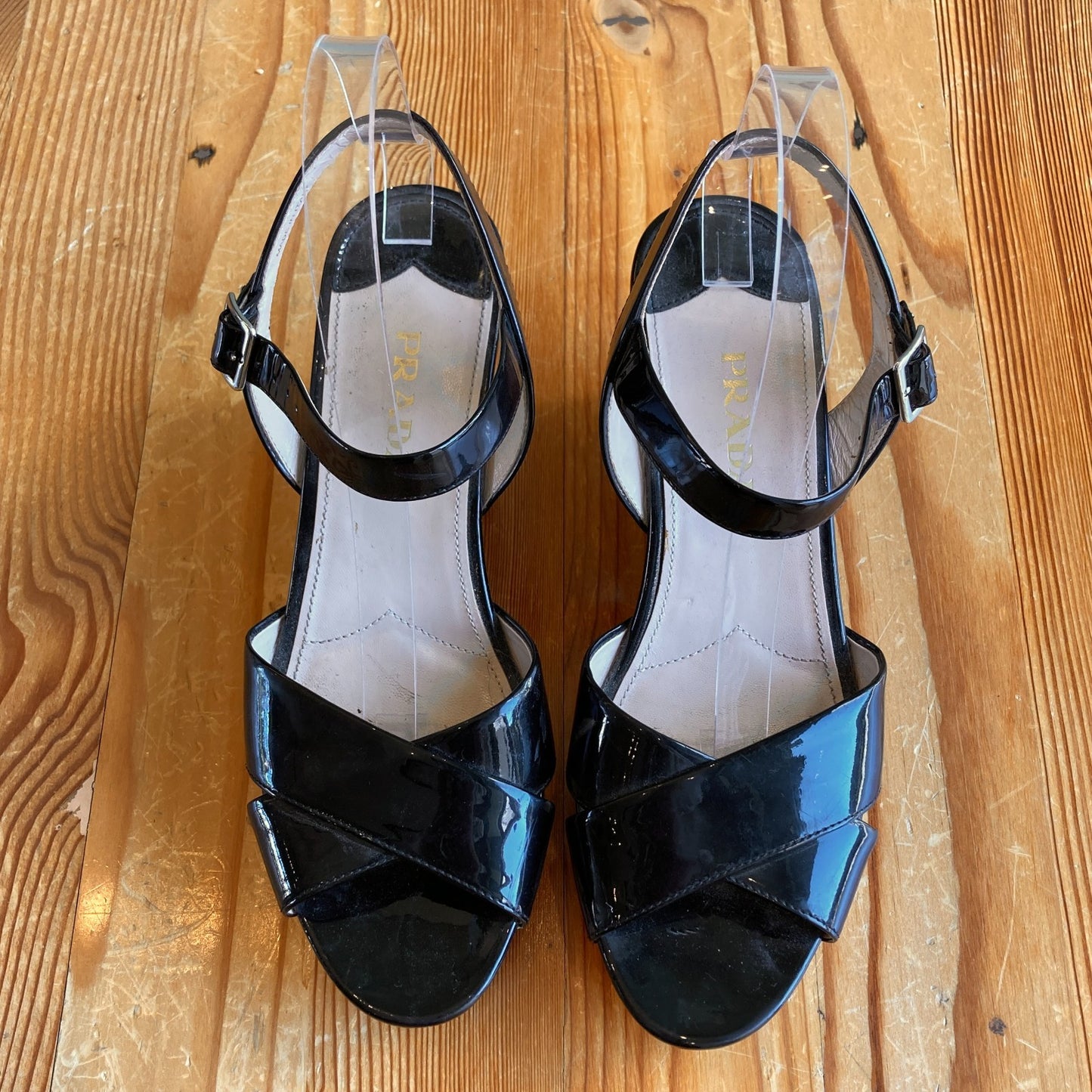 Prada Black Patent Vernice Wedge Ankle Strap Cork Sandals - Size 39 / 9 - 0926AD