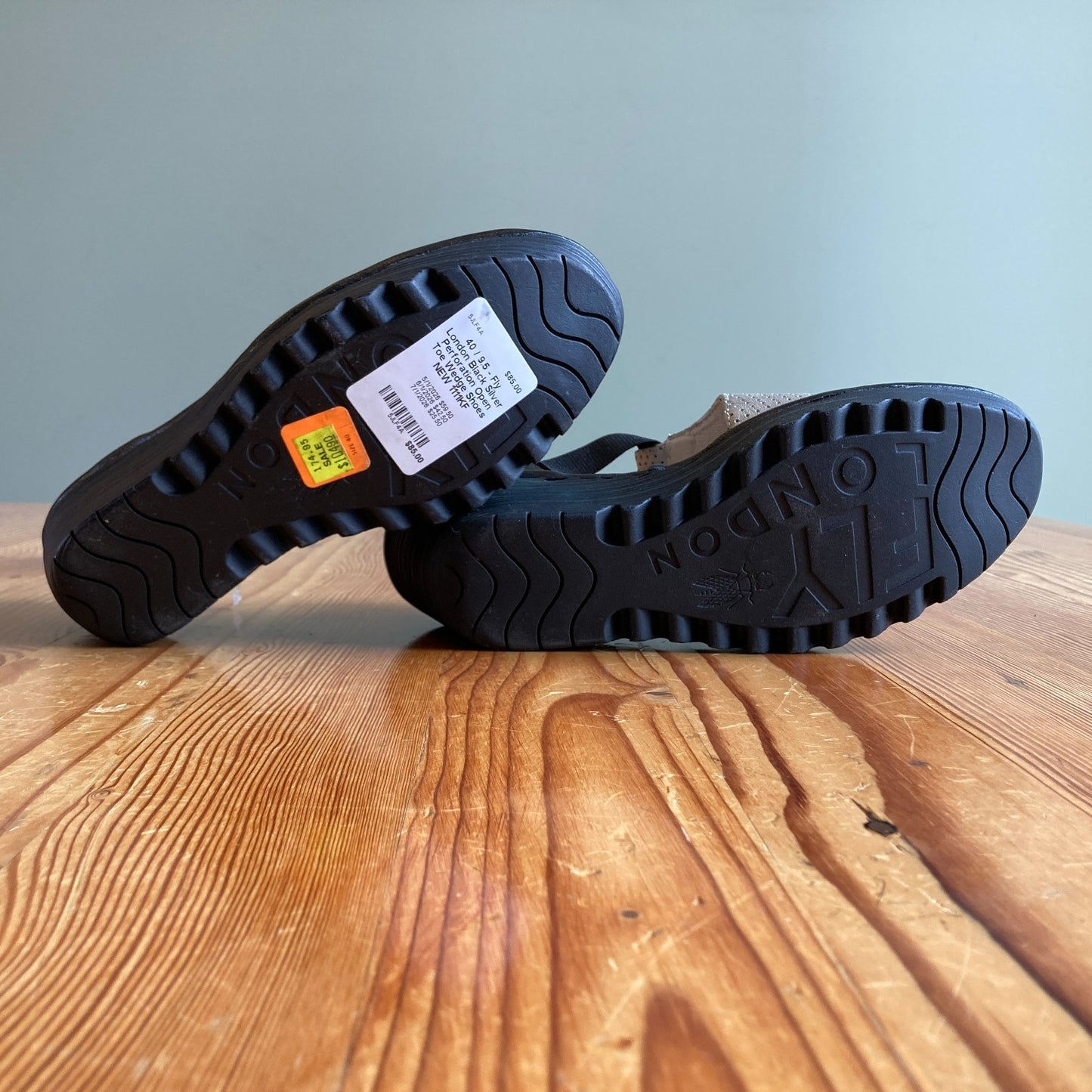 40 / 9.5 - Fly London Black Silver Perforation Open Toe Wedge Shoes NEW 1111KF