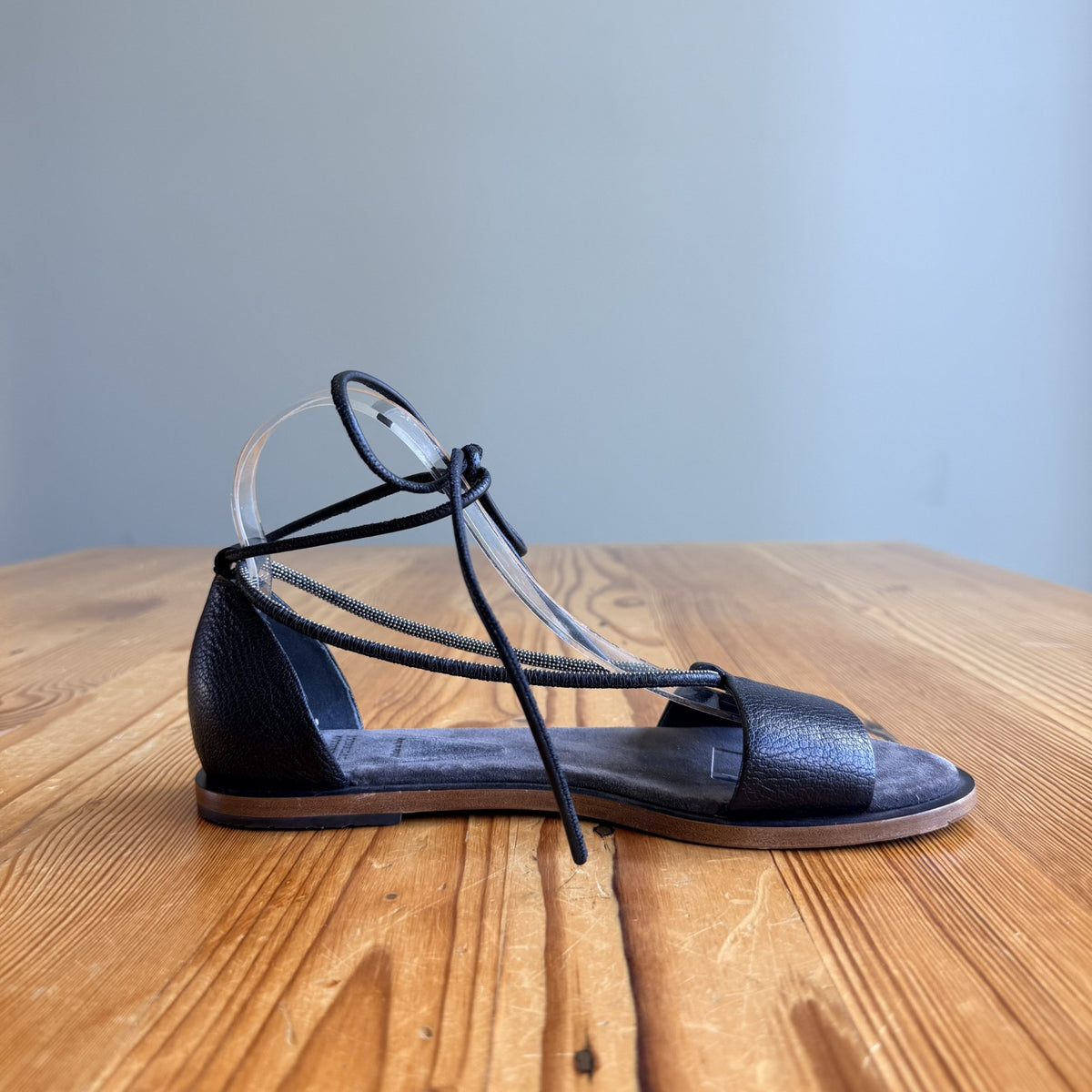 Brunello Cucinelli Black Leather Beaded Strappy Sandals - Size 38 / 8 - 1217RM