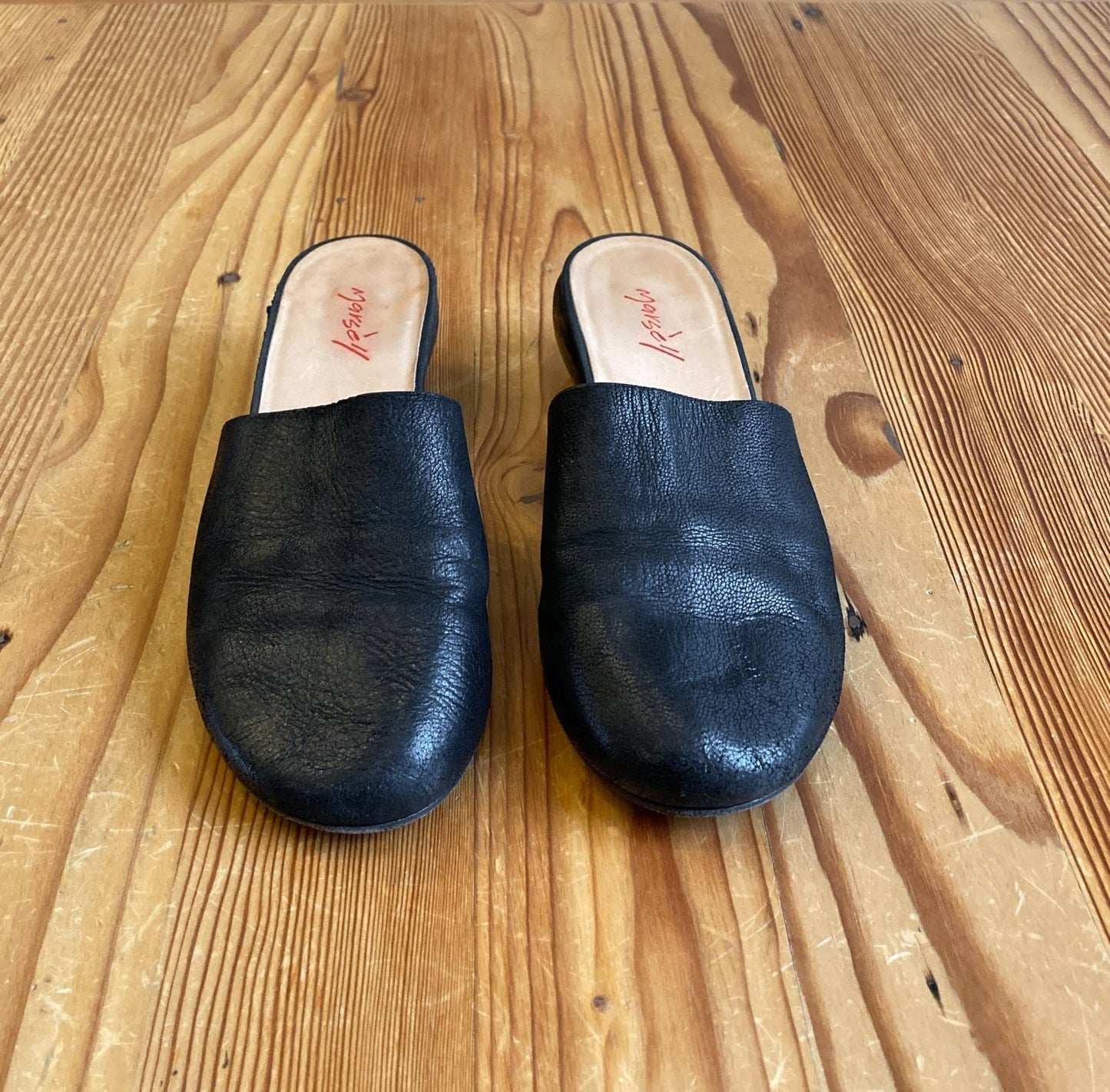 37 / 7 - Marsell Black Leather Rounded Block Heel Mules Shoes 1214CM