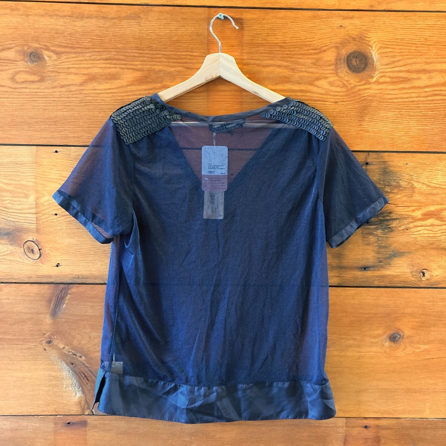 10 US - AllSaints Navy $120 Akita Silk Embellished Tee Blouse Top NEW 0911EE