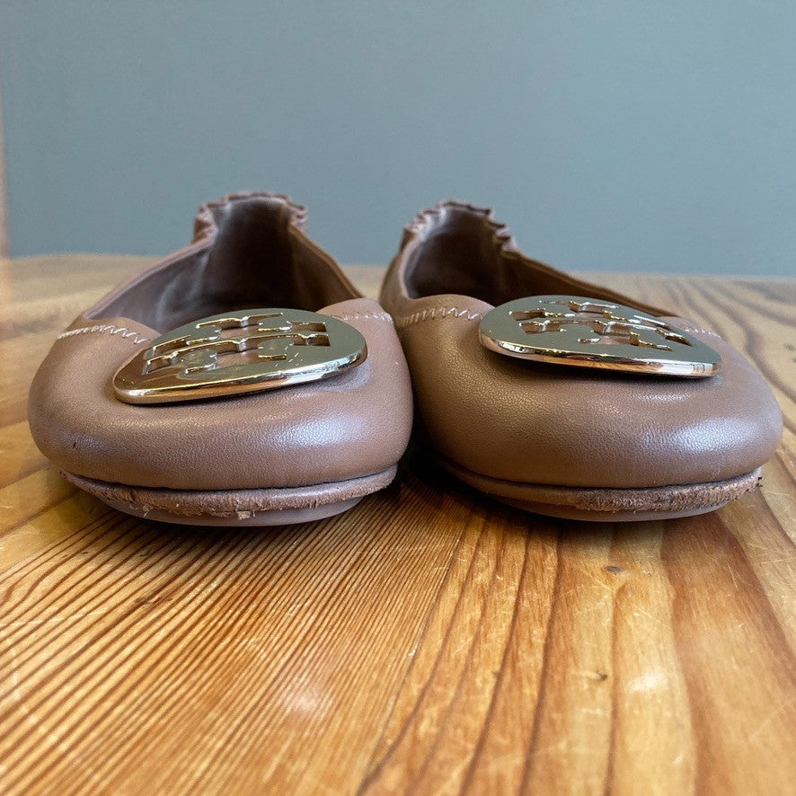 10 - Tory Burch Honey Brown Soft Leather Gold Emblem Reva Flats Shoes 0206BS