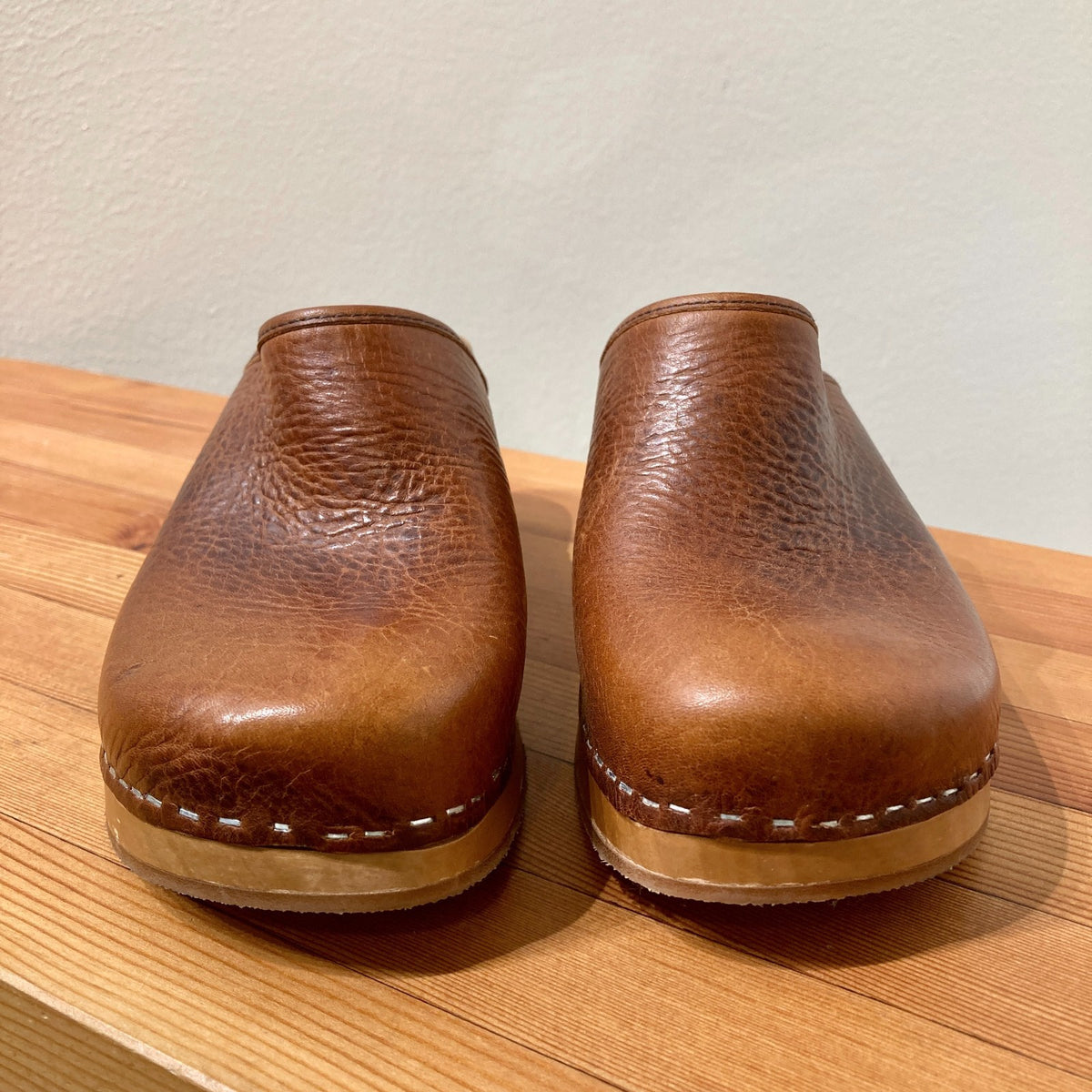 Swedish Hasbeens Brown Leather Wood Nature Clogs Shoes - Size 36 / 6 - 0312IG
