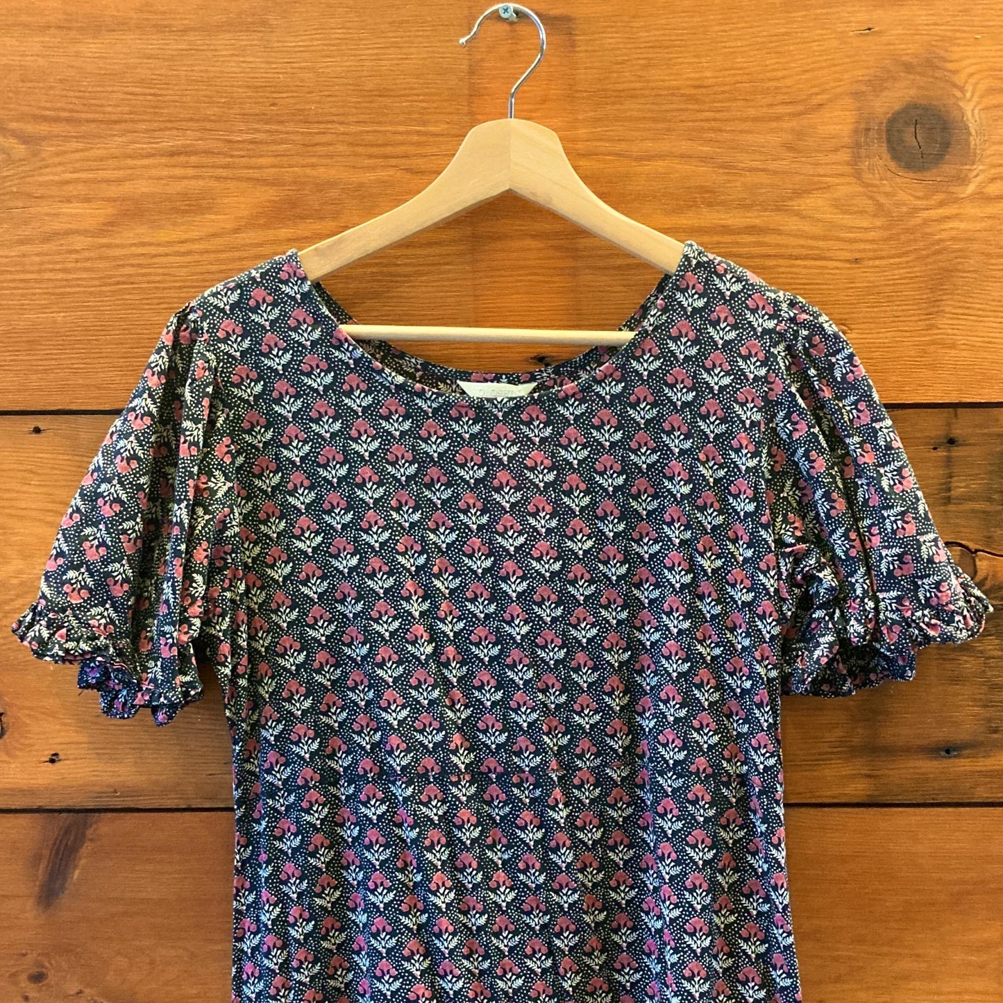 M - Voloshin Navy Pink Floral Print Ruffle Short Sleeve Boho Maxi Dress 0416JW