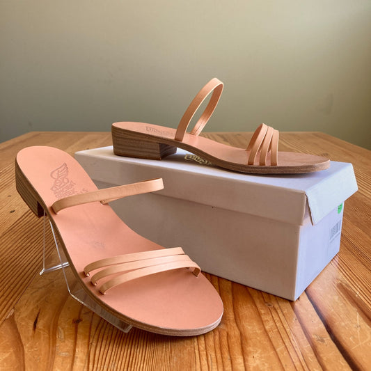 Ancient Greek Tan Leather Strappy Low Heel Sandals - Sz 38 / 8 - w/ Box - 0121PK