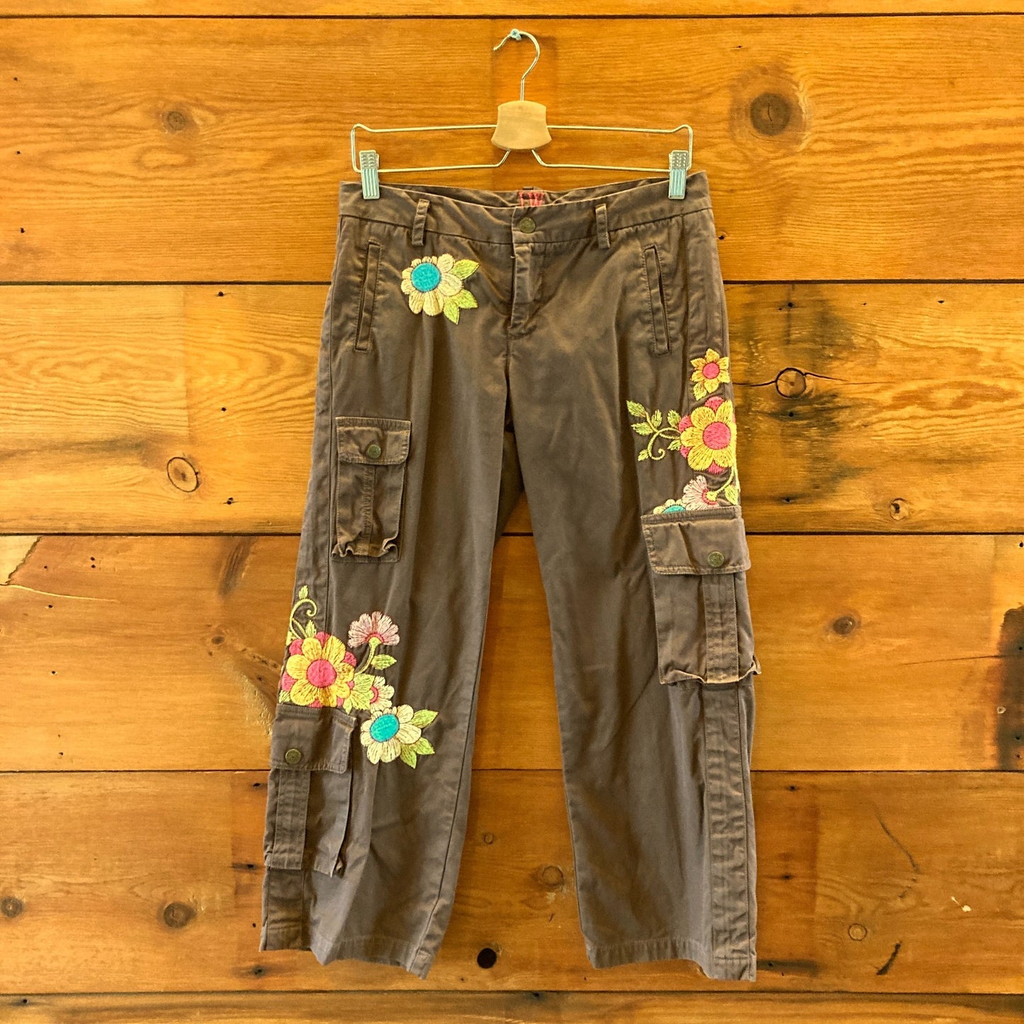 JW Los Angeles Johnny Was Brown Floral Embroidered Cargo Pants - Size S - 0423MR
