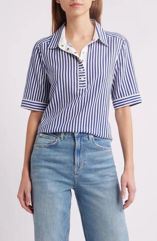 Frame Blue White Stripe $348 Snap Placket Polo Shirt - Size XS - 0703SC