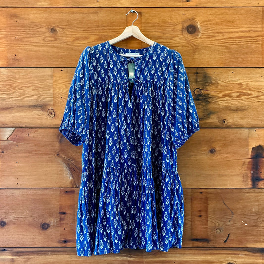India Collection Blue Block Print Emerson Fry Isla Dress - Size M / L - 0621AF