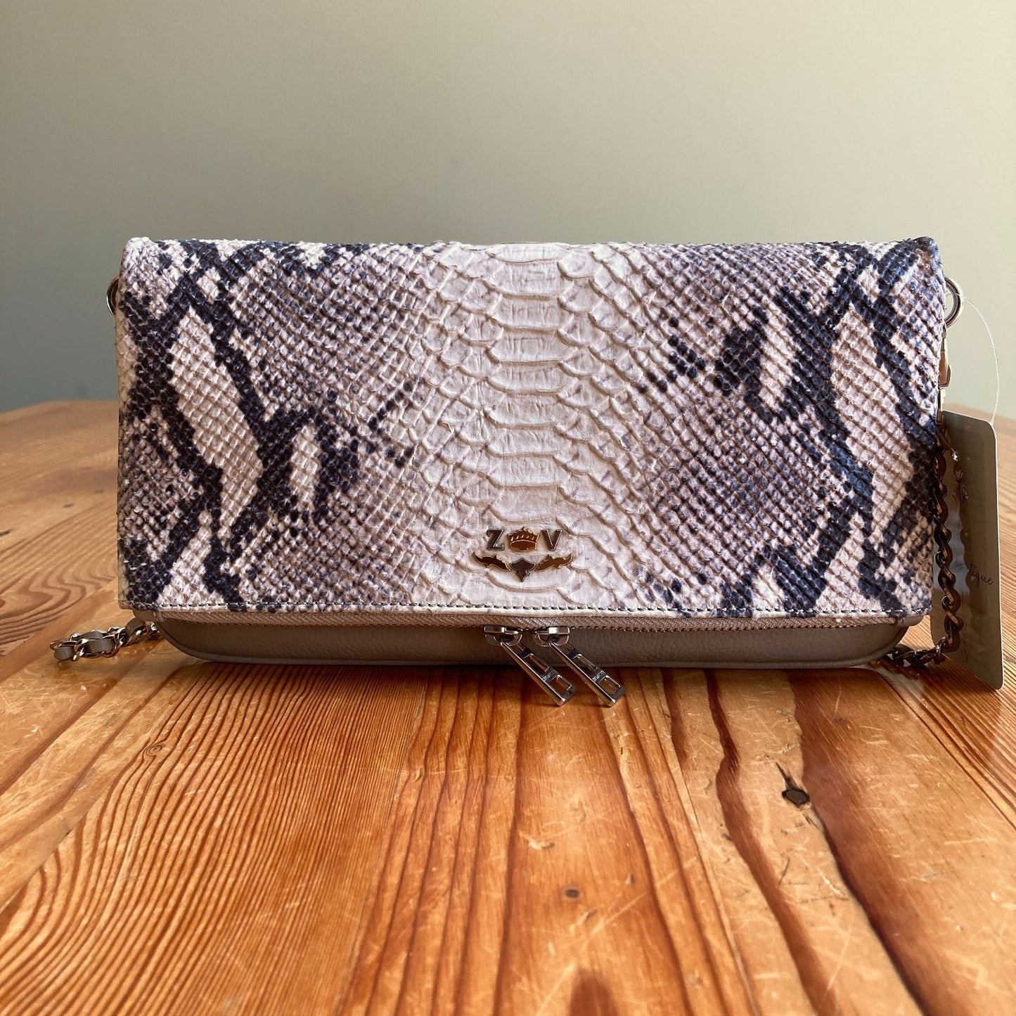 Zadig & Voltaire Python Printed Leather Fold Over Rock Clutch Purse - 1011SC