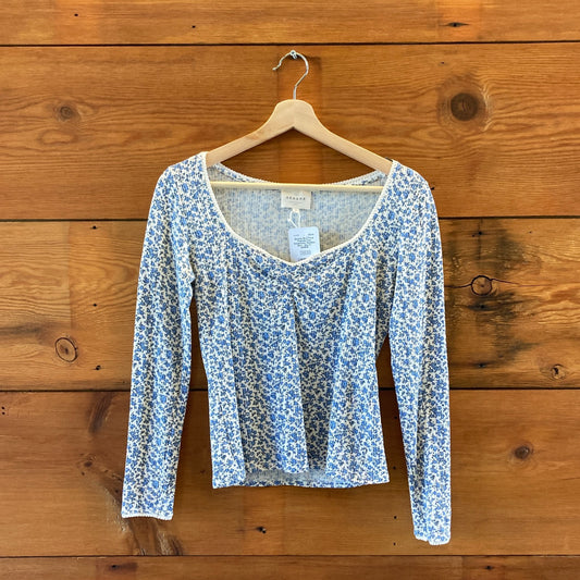 Sezane Blue Floral Pointelle Knit Sweetheart Neckline Shirt - Size S - 0518KR
