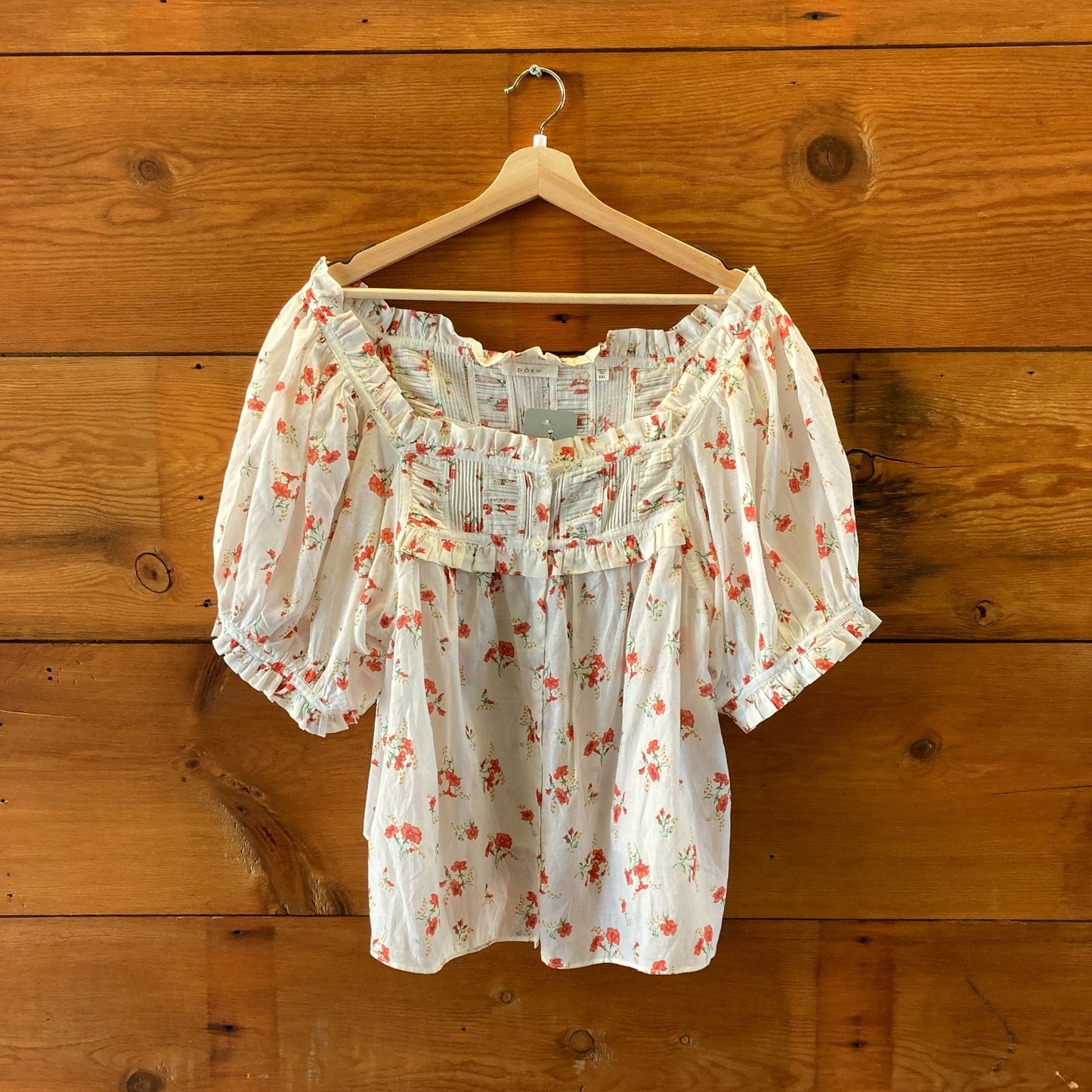 Doen White Floral Cotton Short Sleeve Organic Blouse Top - Size XXL - 0426KH
