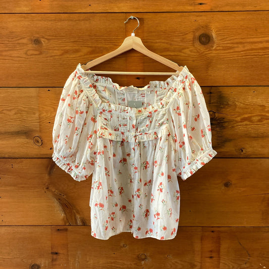 Doen White Floral Cotton Short Sleeve Organic Blouse Top - Size XXL - 0426KH